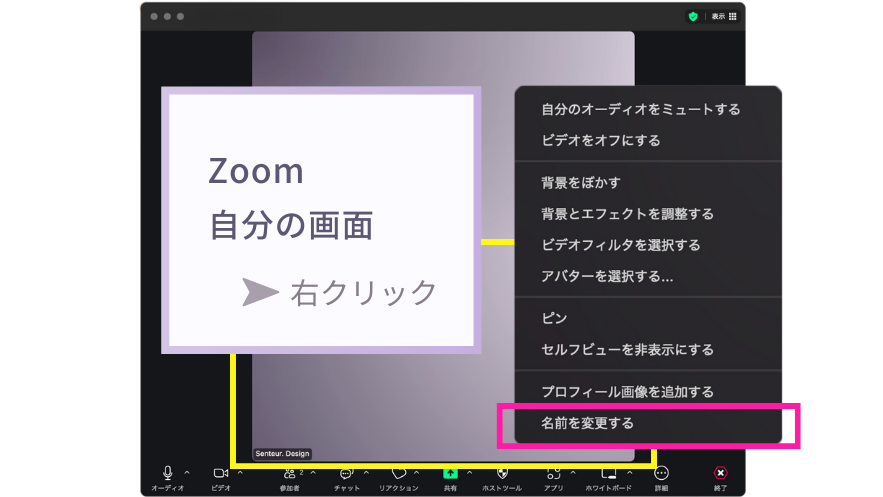 Zoom自分の画面 右クリック